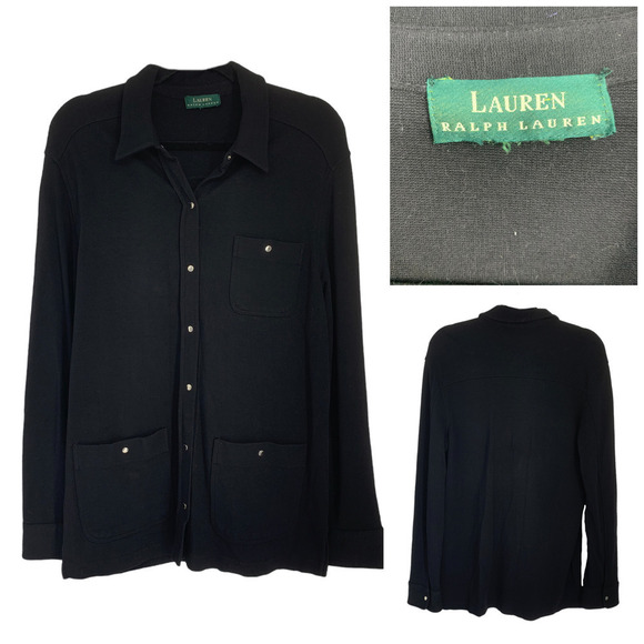 Vtg Lauren Ralph Lauren Black Ponte Knit Stretch Snap Front Shacket Jacket Sz L - Picture 1 of 6